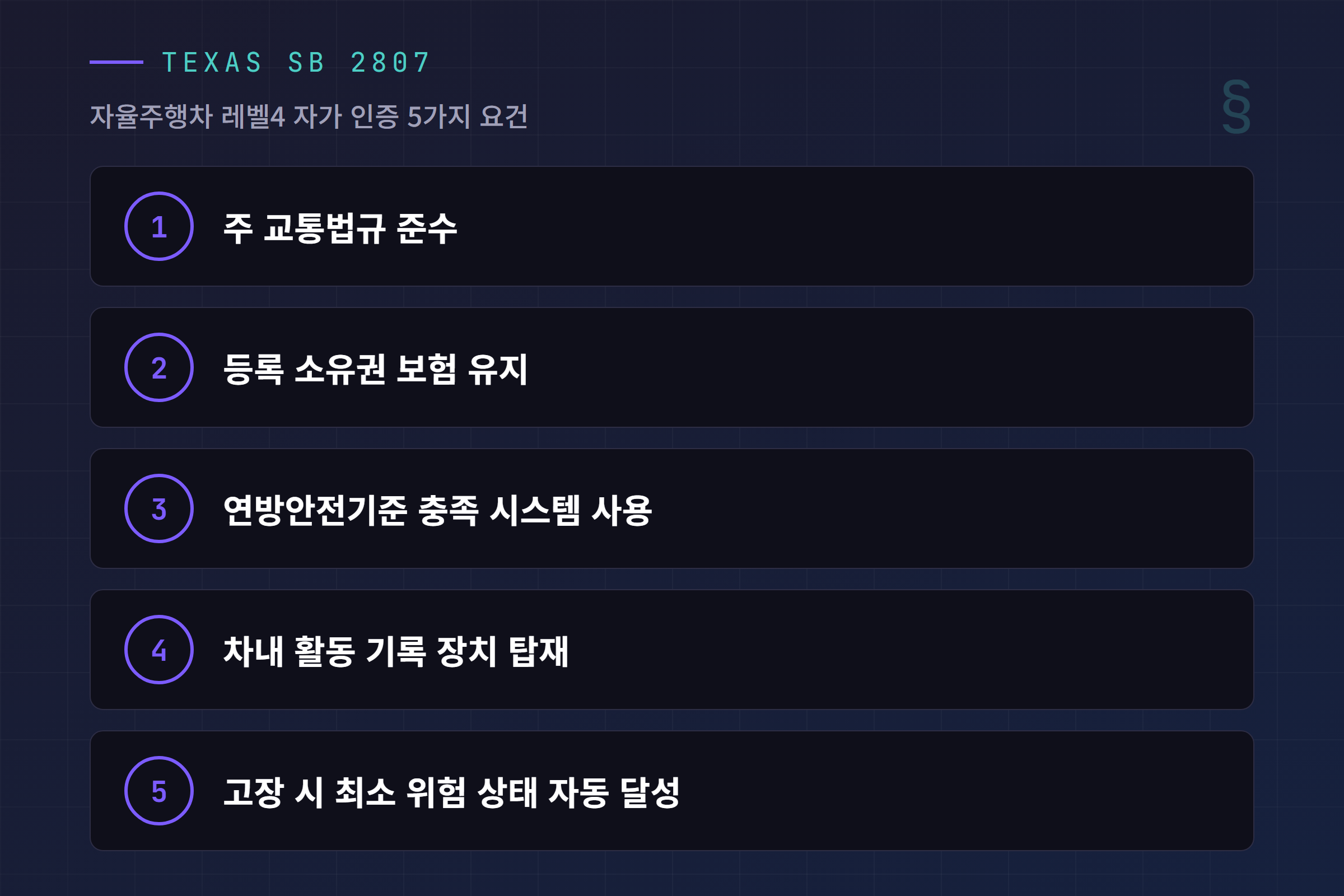 텍사스 SB 2807 자율주행차 자가 인증 요건 정리