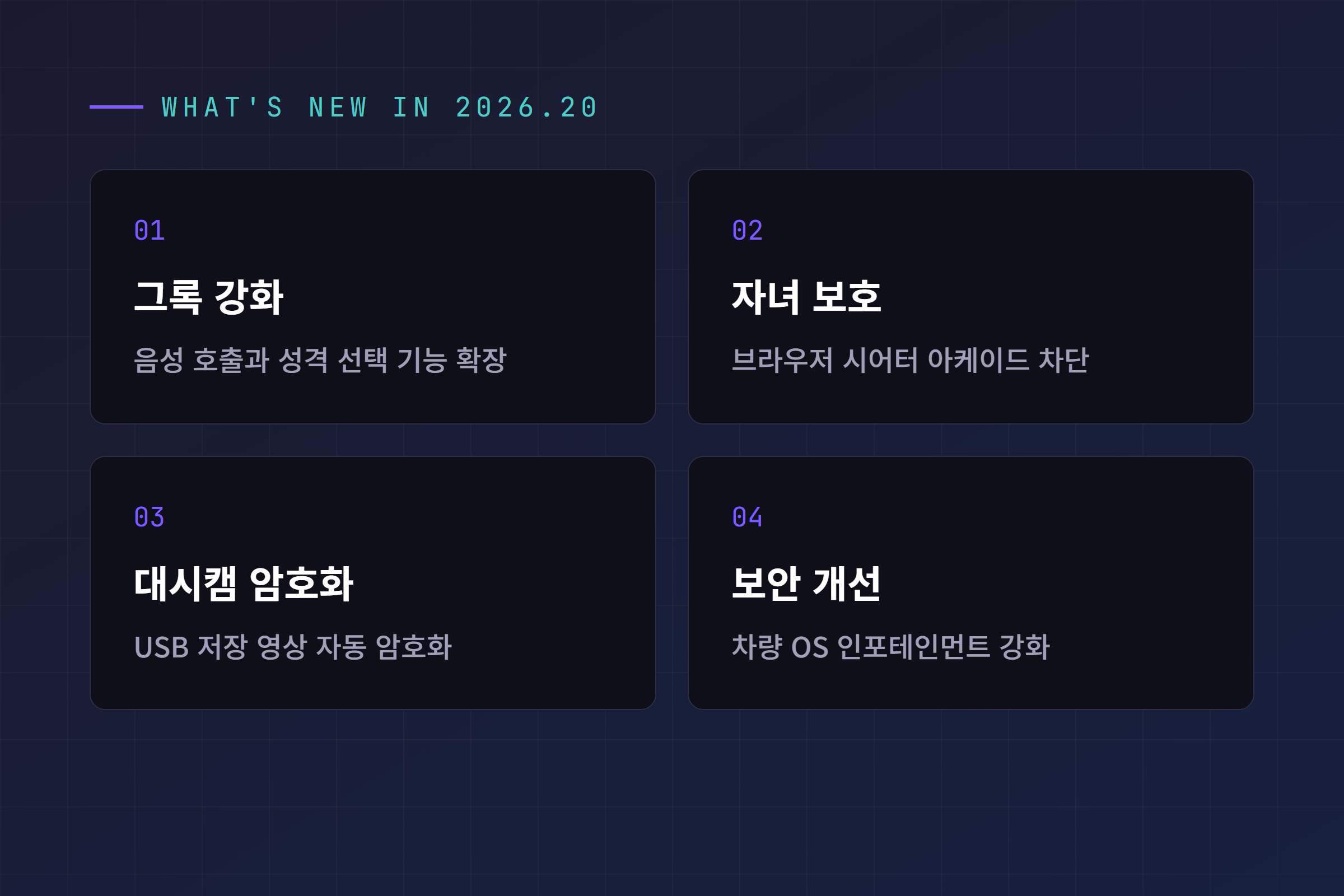 2026.20 추가 기능: 그록 강화, 자녀 보호, 대시캠 암호화, 보안 개선