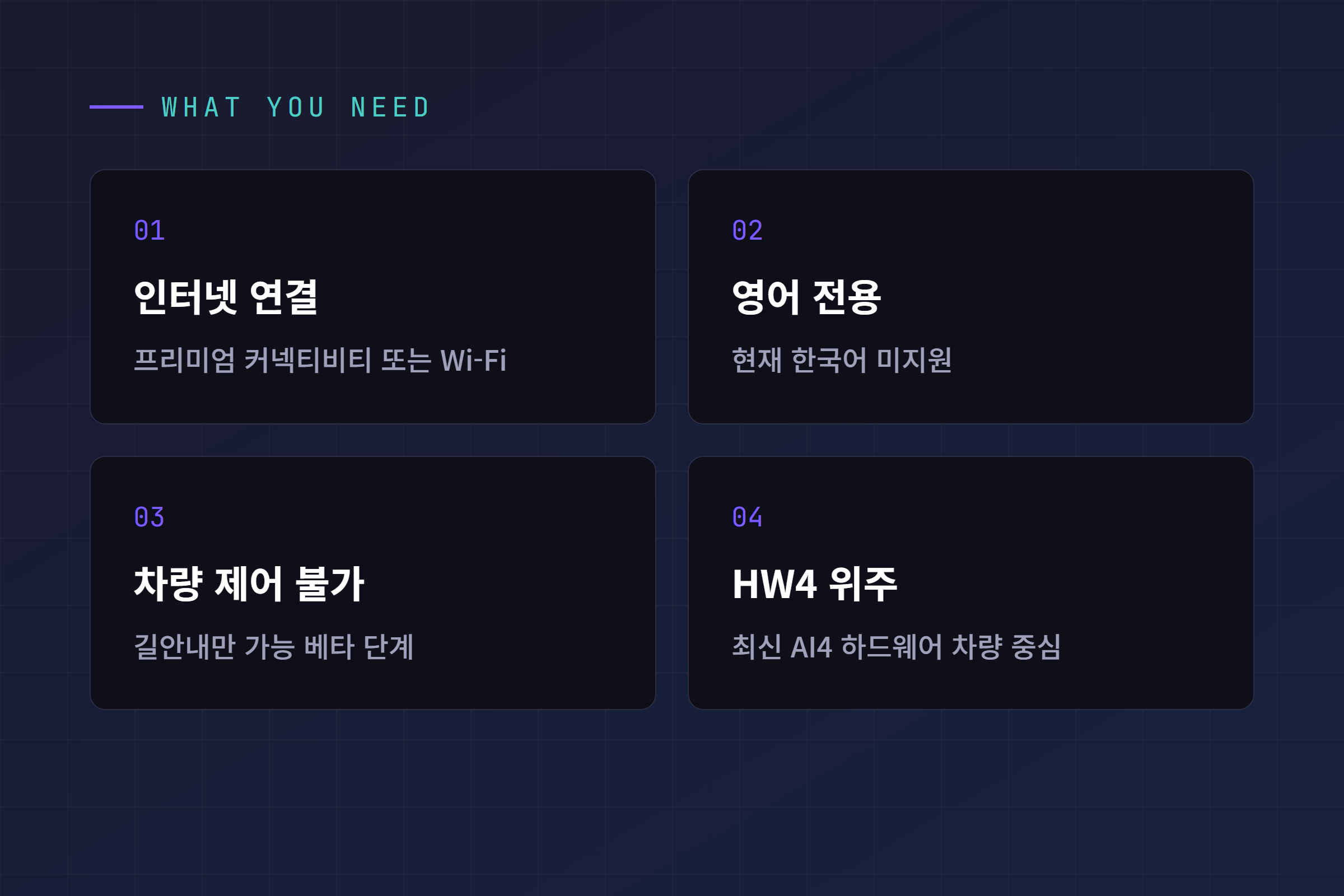그록 사용 조건: 인터넷 연결, 영어 전용, 차량 제어 불가, HW4 위주