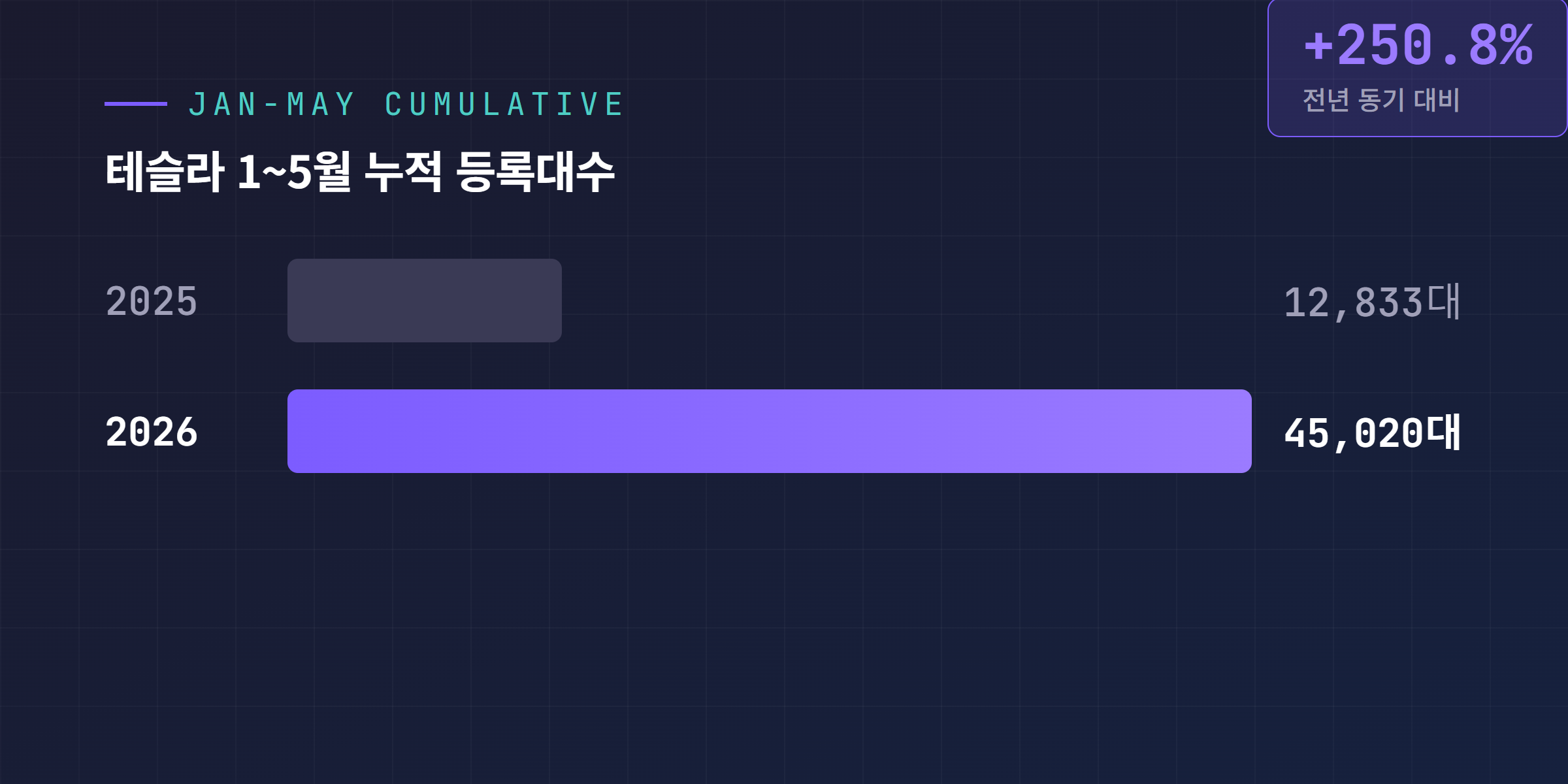 테슬라 2025년 대 2026년 1~5월 누적 등록대수 비교 막대그래프, 2026년 45,020대로 전년 동기 대비 250.8퍼센트 증가