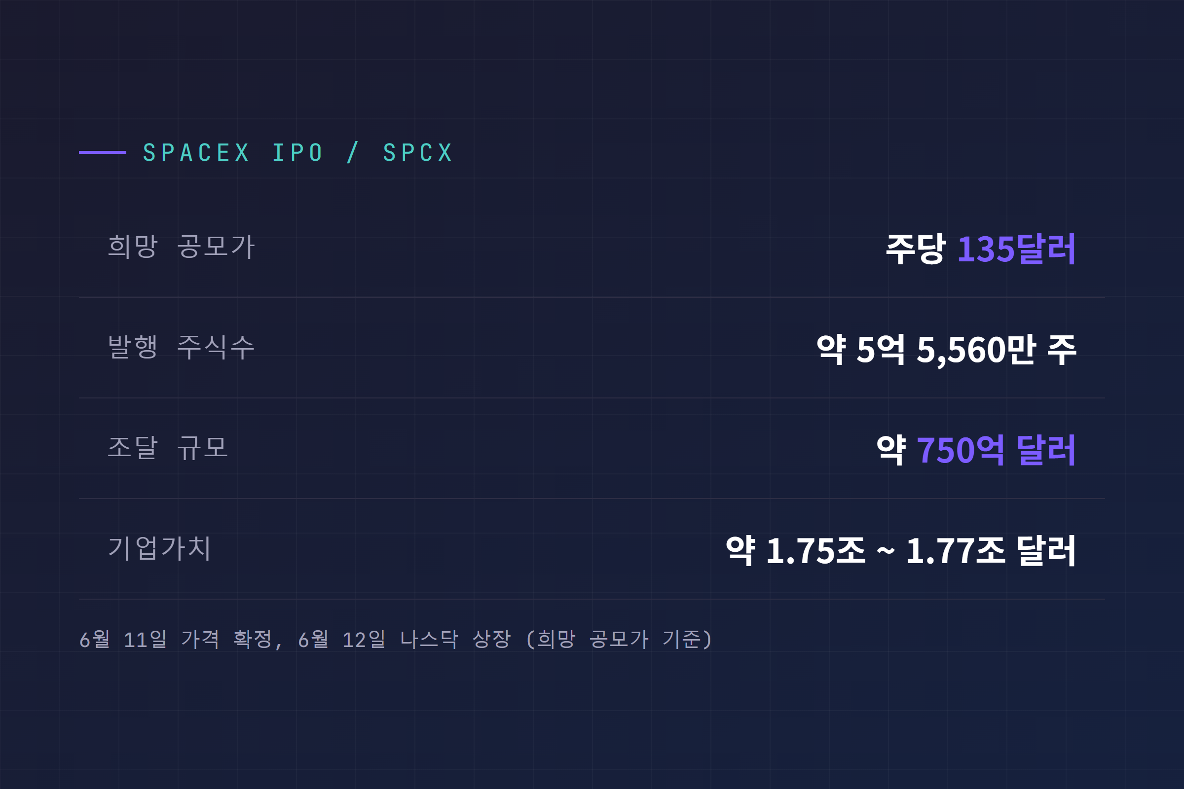 스페이스X IPO 핵심 수치를 정리한 인포그래픽 표