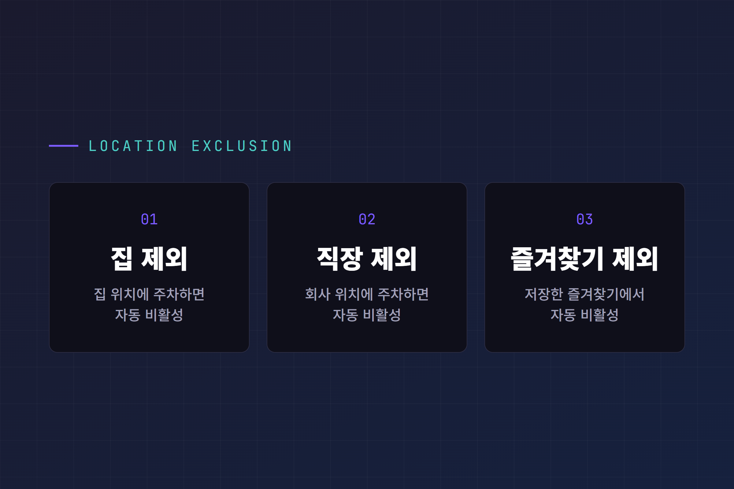 감시 모드 위치 기반 제외의 세 가지 옵션: 집 제외, 직장 제외, 즐겨찾기 제외