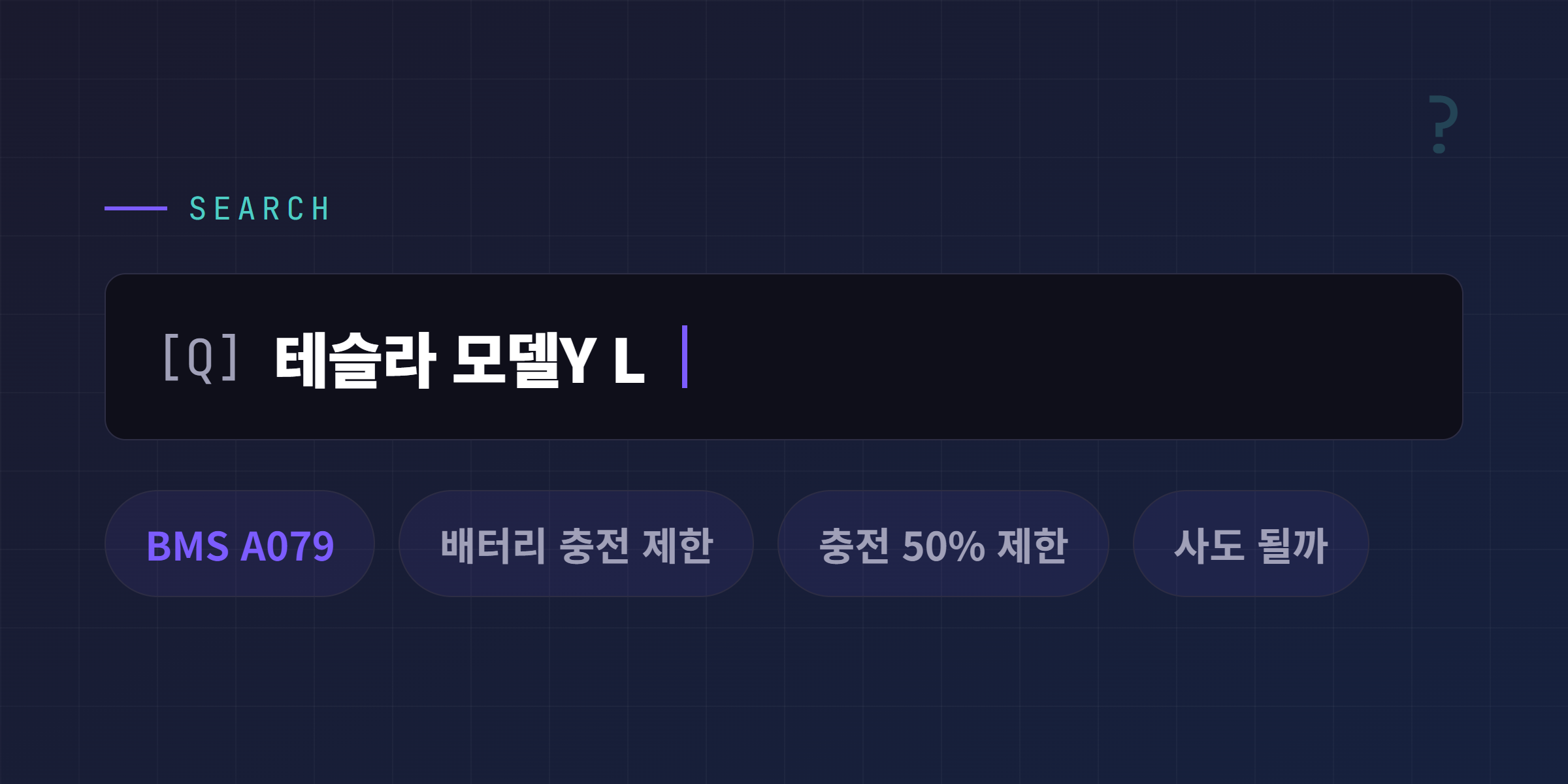 테슬라 모델Y L 검색 시 BMS A079, 배터리 충전 제한 등 연관 검색어가 뜨는 화면 콘셉트