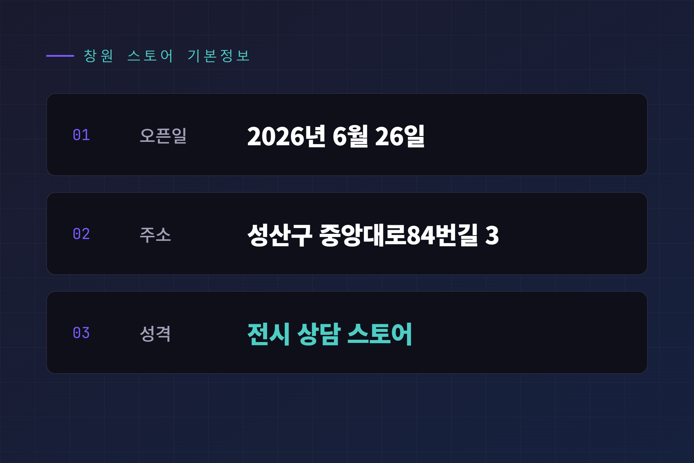 오픈일 6월 26일, 주소 성산구 중앙대로84번길 3, 전시 상담 스토어 성격을 담은 창원 스토어 기본정보 카드