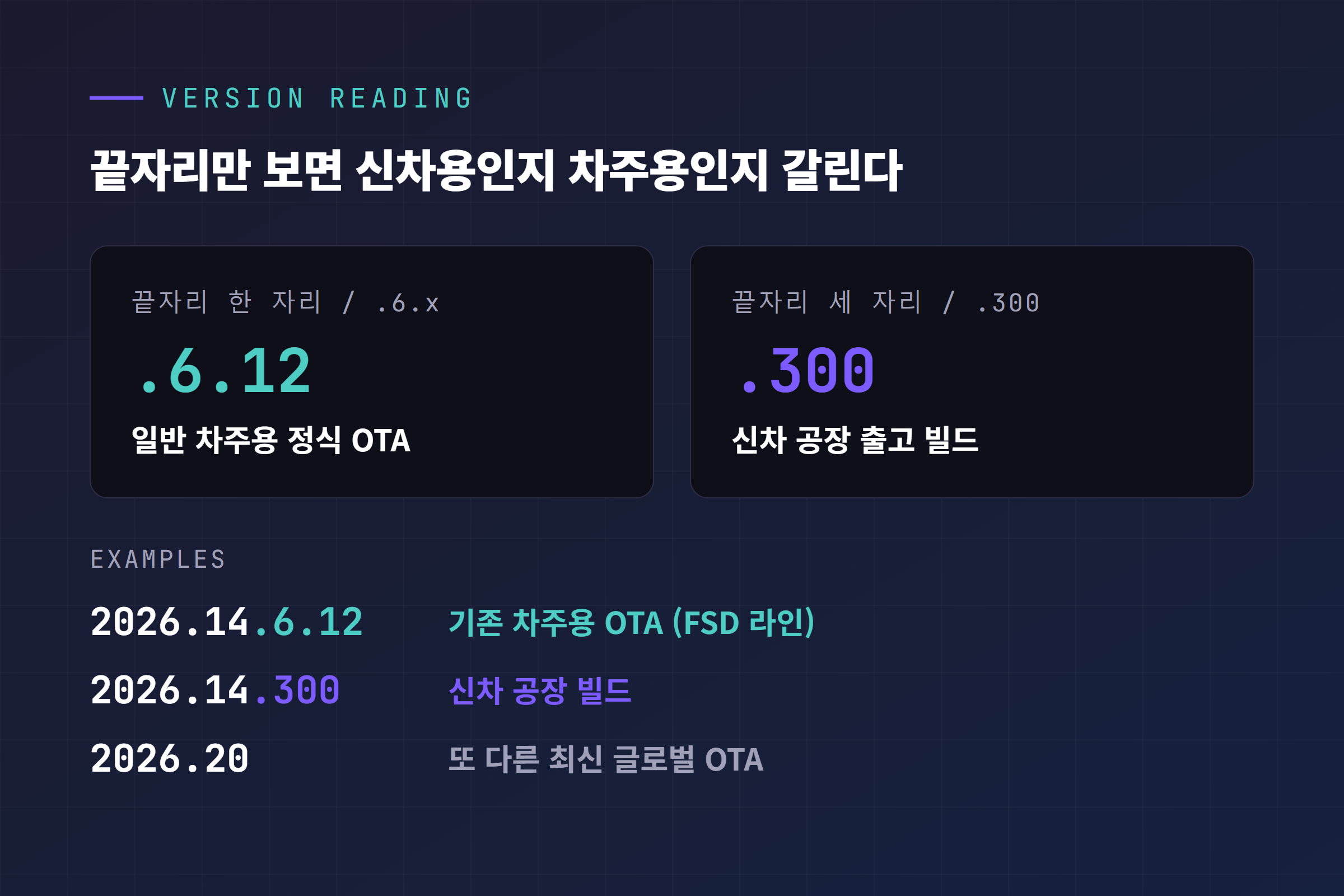 테슬라 펌웨어 버전 끝자리로 신차 공장 빌드와 기존 차주용 OTA를 구분하는 법 인포그래픽