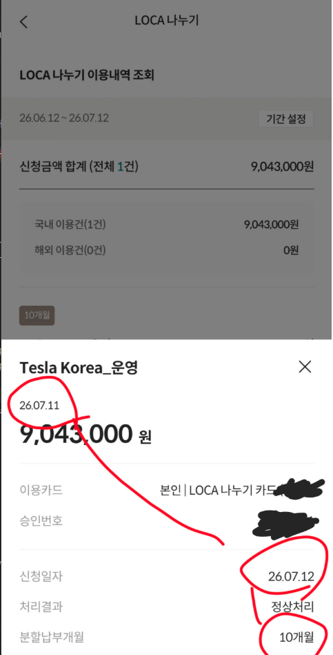 테슬라코리아 9,043,000원 LOCA 나누기 카드 결제 및 10개월 무이자 분할납부 정상처리 승인 화면