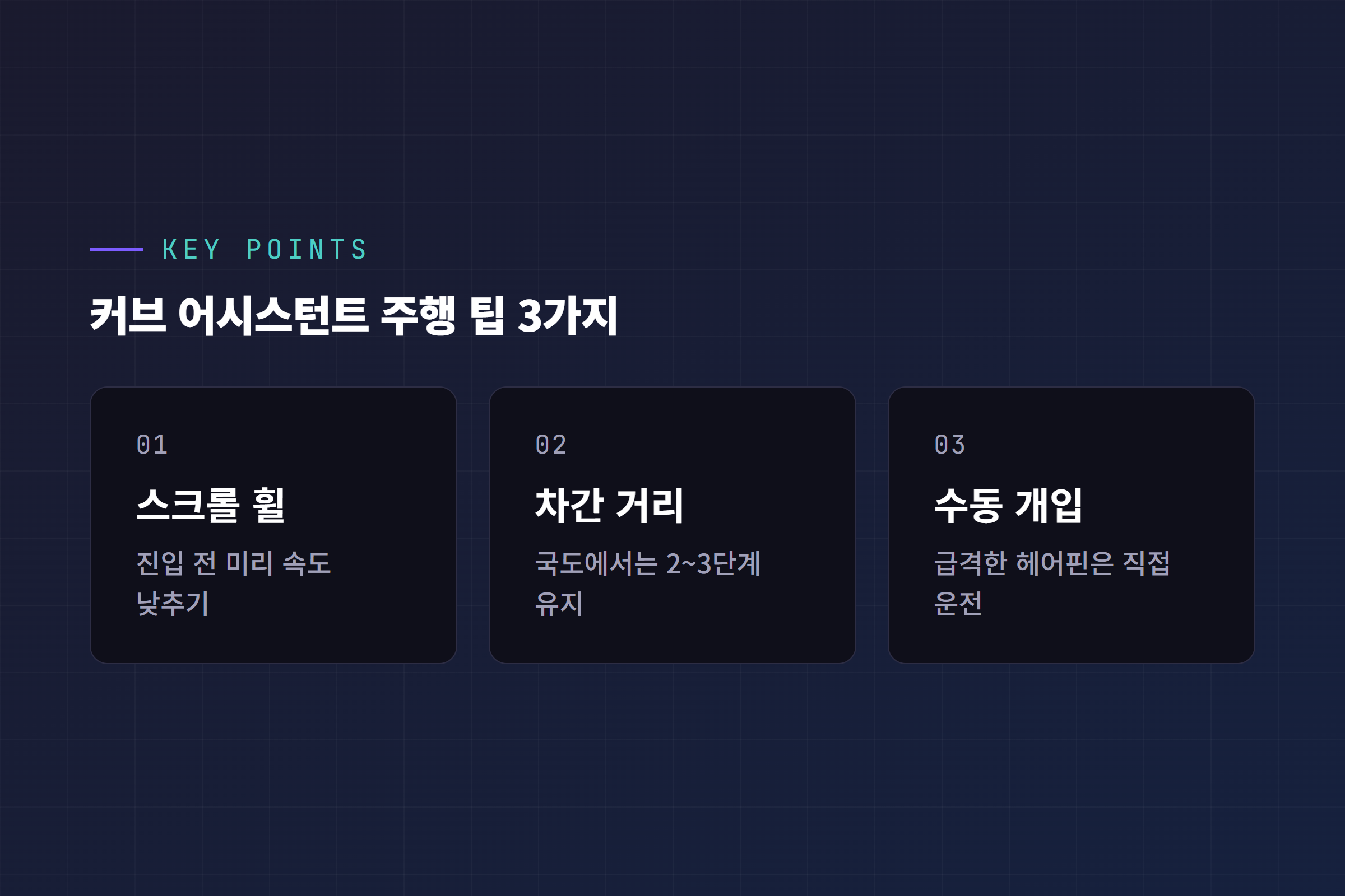 커브 어시스턴트 주행 팁 3가지: 스크롤 휠로 미리 속도 낮추기, 차간 거리 2~3단계 유지, 급격한 헤어핀은 직접 운전