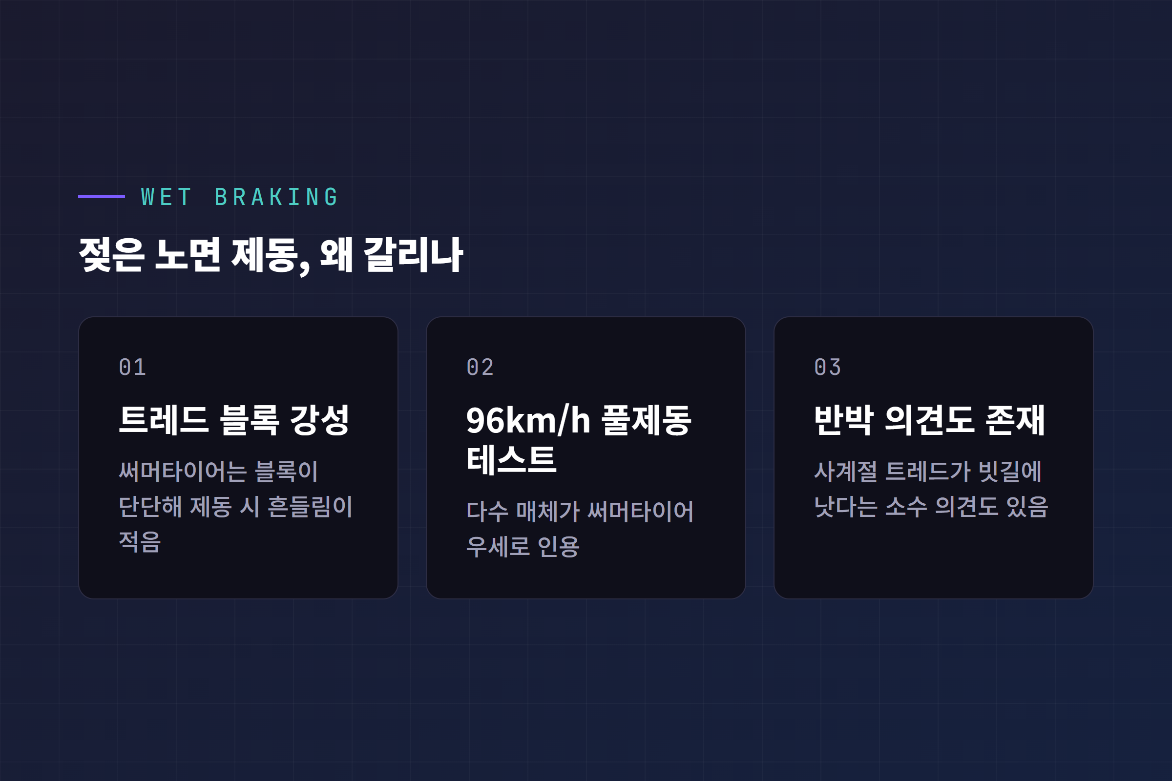 젖은 노면 제동에서 사계절타이어와 써머타이어가 갈리는 이유 카드 정리