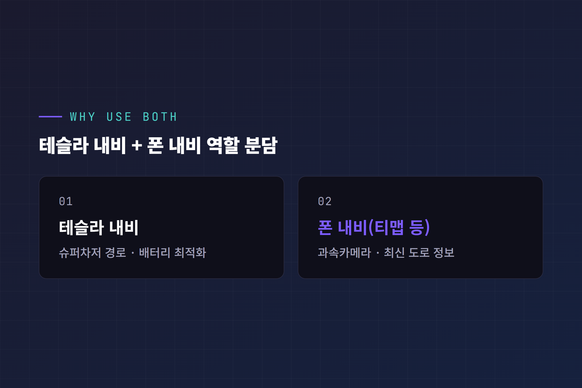 테슬라 내비와 폰 내비(티맵 등)를 함께 쓰는 역할 분담 요약