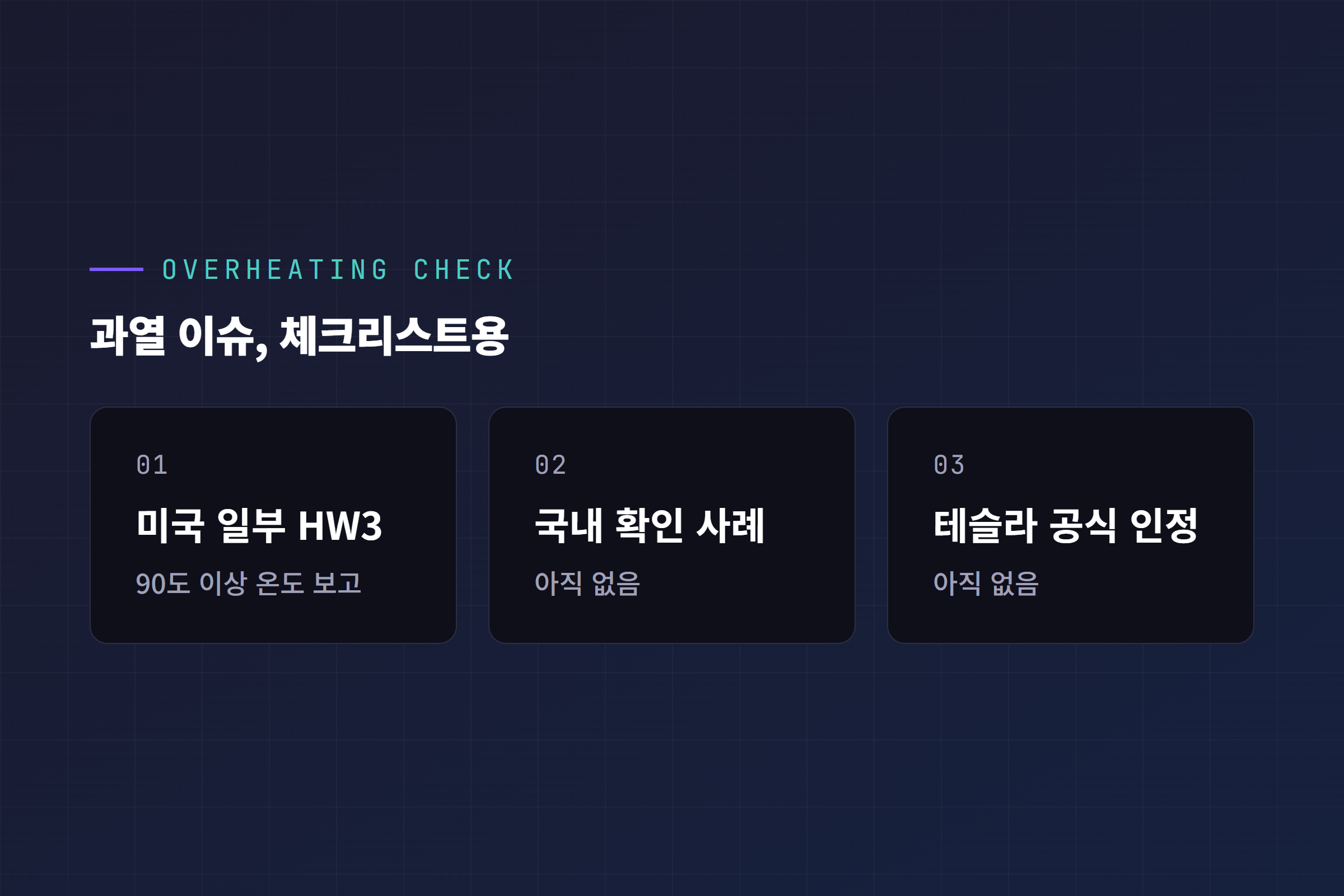 과열 이슈 체크 - 미국 일부 HW3 90도 이상 보고, 국내 확인 사례 없음, 테슬라 공식 인정 없음