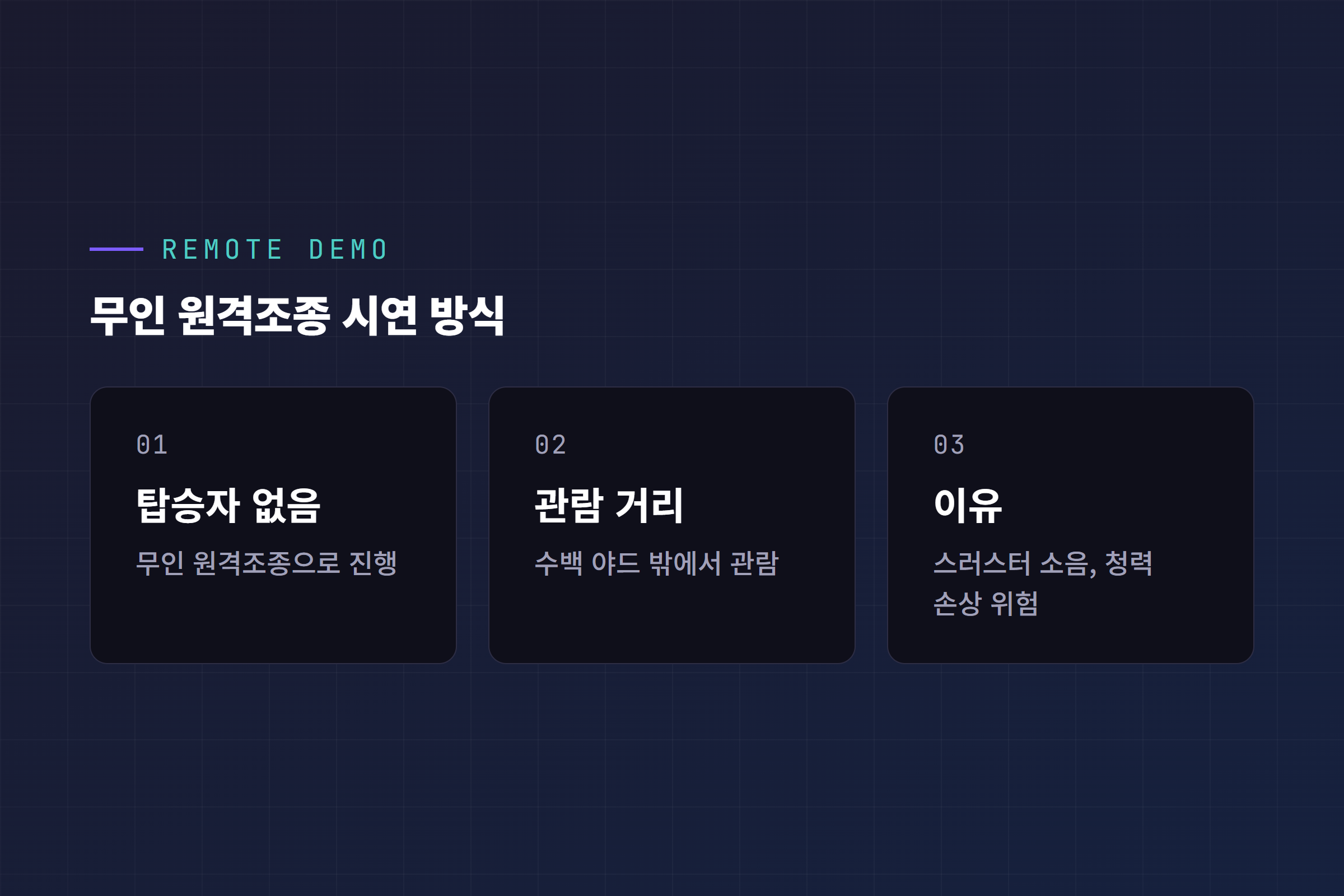 무인 원격조종 시연 방식, 관람객은 수백 야드 밖에서 관람