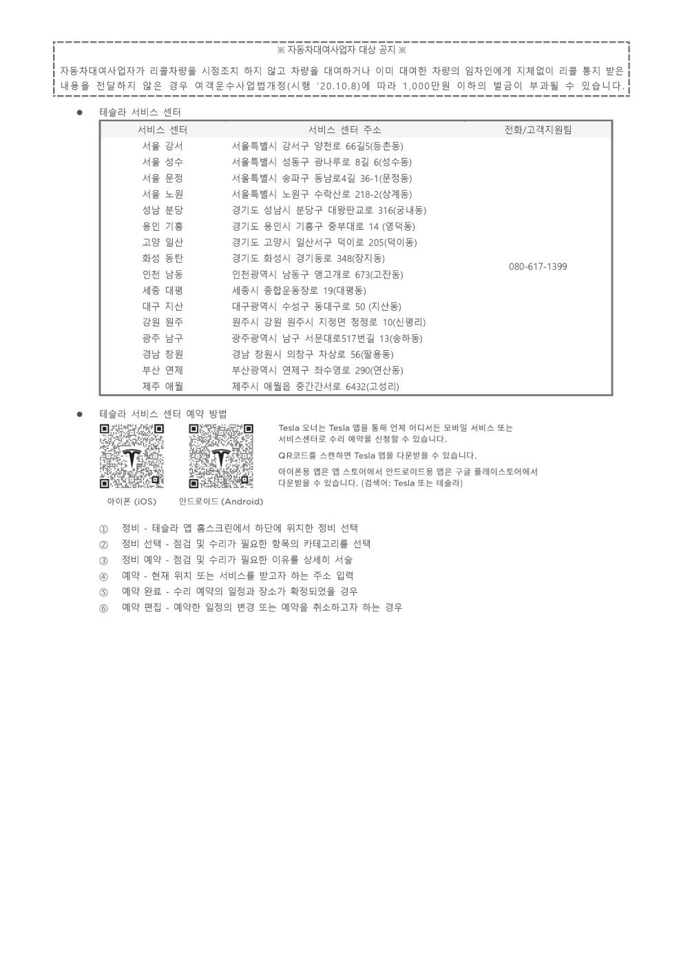 테슬라코리아 사전 고객통지문 2페이지. 자동차대여사업자 벌금 공지, 전국 테슬라 서비스 센터 주소 목록, 테슬라 앱 예약 방법