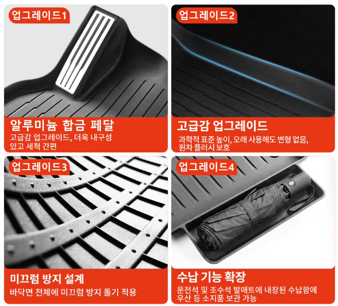 YZ TPE 매트 주요 특징 4분할 컷, 입체적으로 솟은 가장자리와 미끄럼 방지 처리, 재질감과 수납 기능 확장