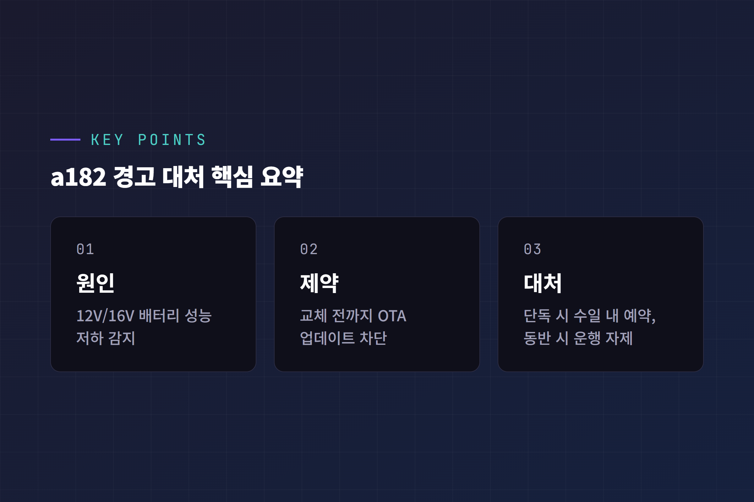 VCFRONT_a182 경고 대처 핵심 요약 KEY POINTS 카드: 원인, 제약, 대처