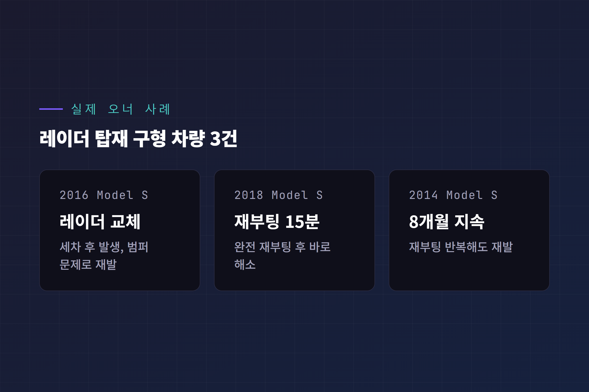 레이더 탑재 구형 테슬라 오너 3건 실제 사례, 2016 2018 2014 Model S APP_w048 경험담