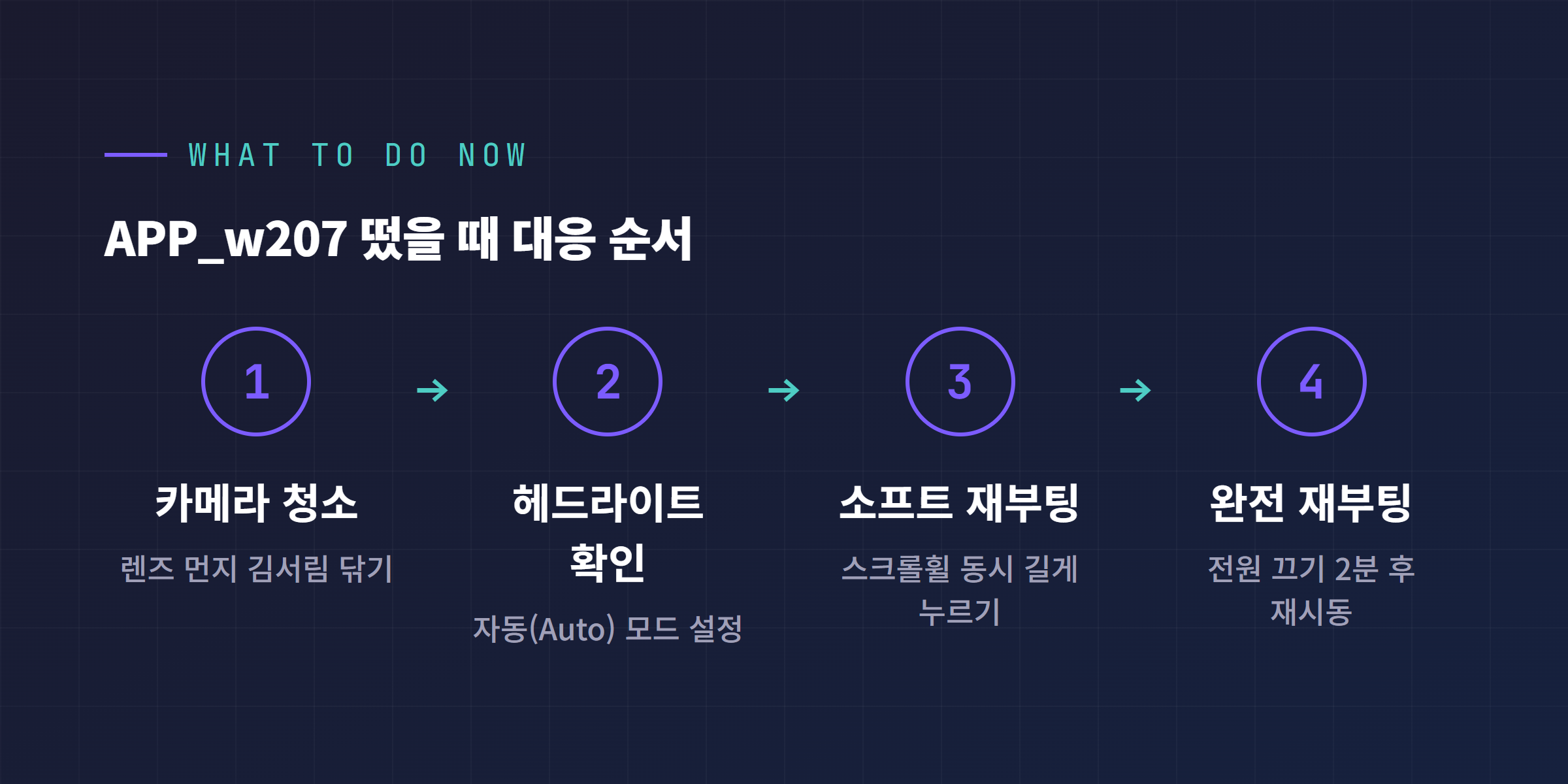 APP_w207 떴을 때 대응 순서, 카메라 청소 헤드라이트 확인 소프트 재부팅 완전 재부팅 4단계